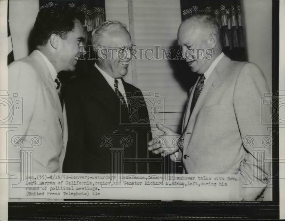1952 Press Photo Gen. Dwight Eisenhower with Sen.Earl Darren and Richard Nixon - Historic Images