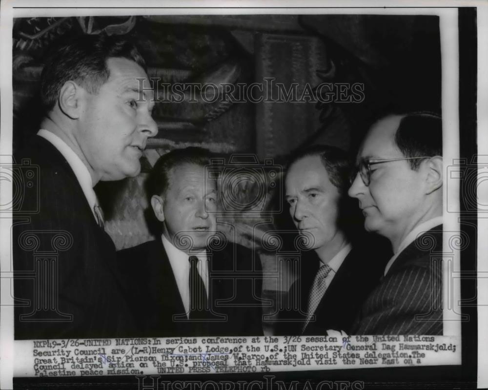 1956 Press Photo US Ambassador to UN Henry Cabot Lodge, Dag Hammarskjold - Historic Images