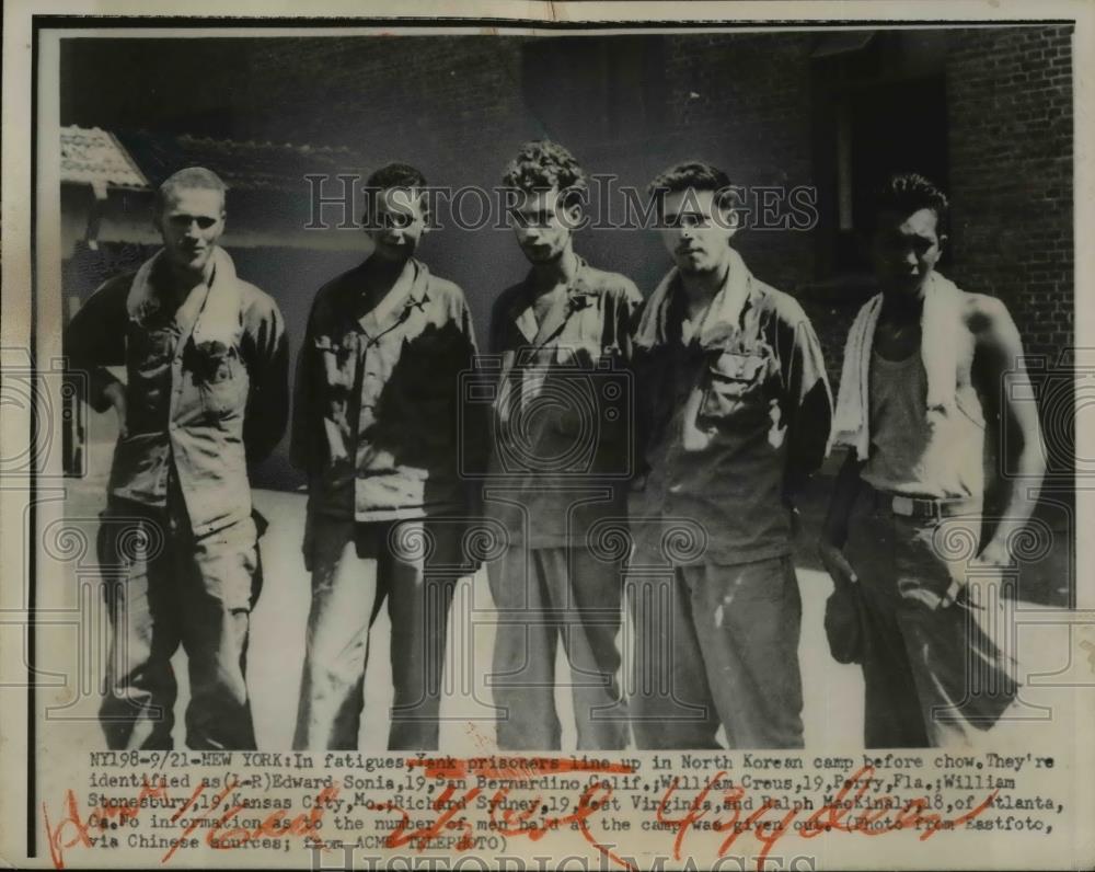 1950 Press Photo Yank Prisoners line up in North Korean Camp before chow - Historic Images