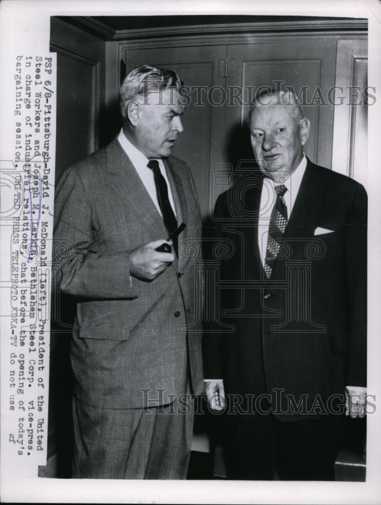 1955 Press Photo David J. McDonald and Joseph Larkin at bargaining ses ...