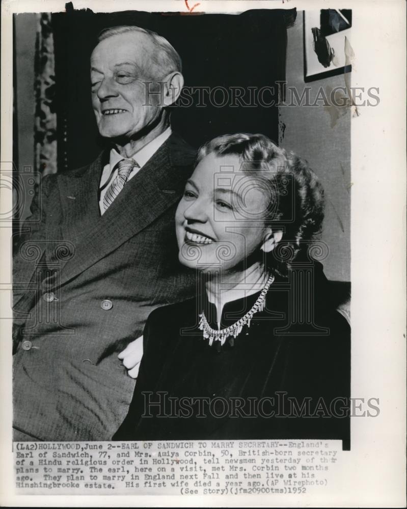 1952 Wire Photo Earl of Sandwich and fiancee, British secretary Amiya Corbin - Historic Images
