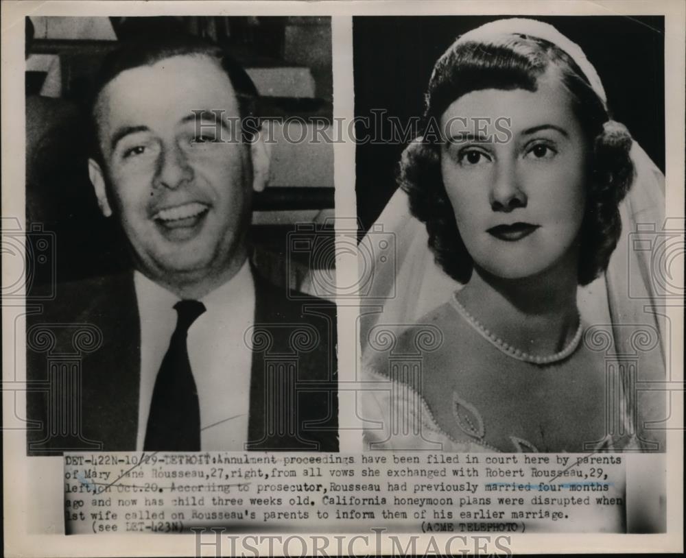 1951 Press Photo Mary Jane Rousseau weds Robert Rousseau at Detroit Michigan - Historic Images