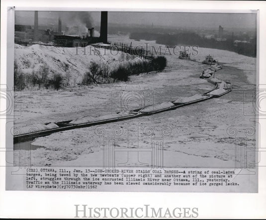 1962 Wire Photo Coal Laden barges Towed by Two Towboats Struggles Through
Ice - Historic Images
