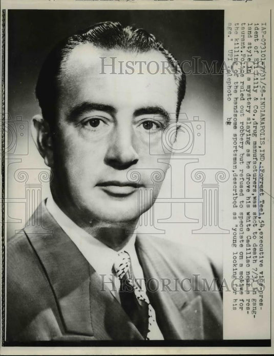 1958 Press Photo Forrest Teel VP of Eli Lilly & Co shot in Indianapolis IND - Historic Images