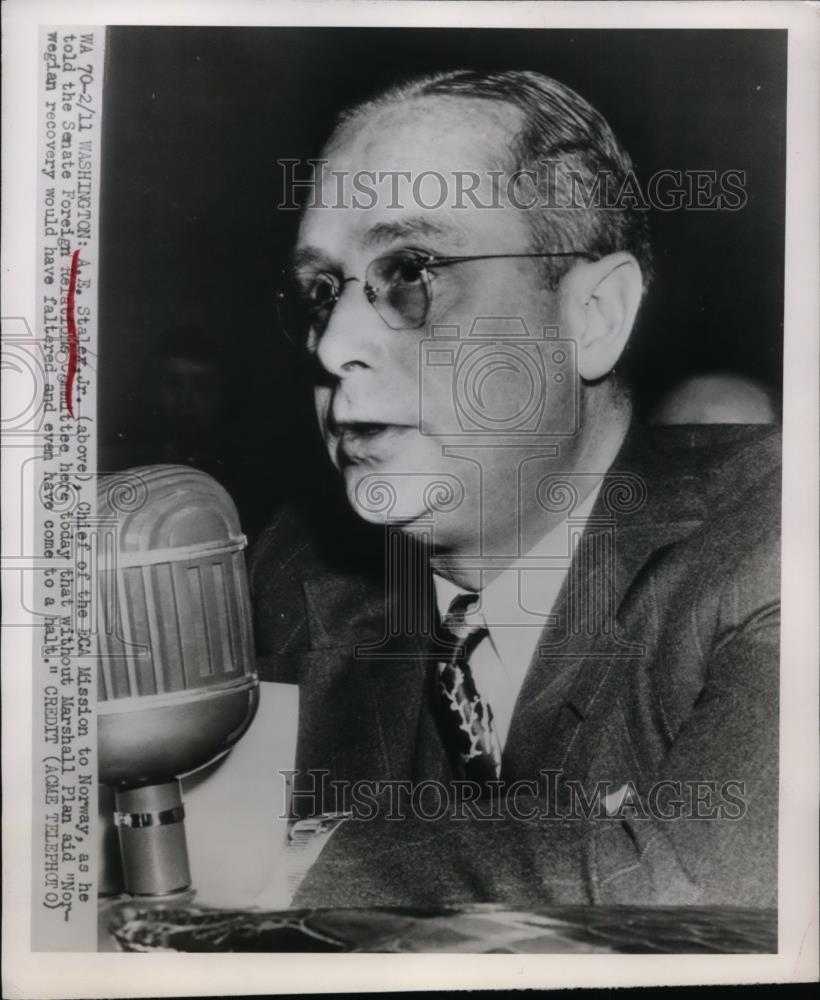 1949 Press Photo A.E Staler Jr Chief of the ECA Mission to Norway - nee88322 - Historic Images