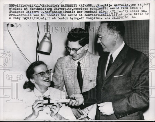 1958 Press Photo Mrs Aija Zarrella Northeastern U, husband Al & Gil MacDonald - Historic Images