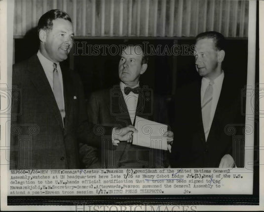 1953 Press Photo Henry Cabot Lodge, Canada's Lester Pearson at UN - nee86359 - Historic Images