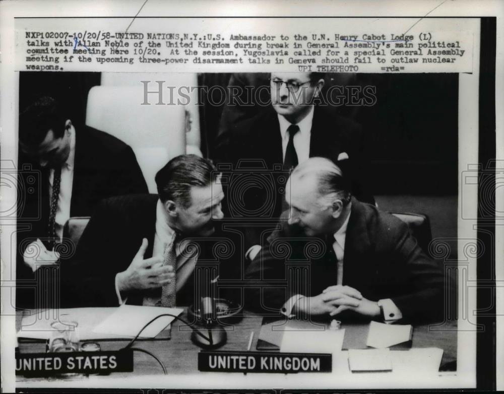 1958 Press Photo US UN Ambassador Henry Cabot Lodge,Allan Noble of UK - Historic Images