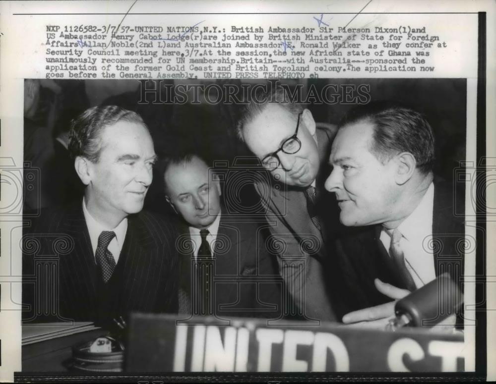 1957 Press Photo US UN Ambassador Henry Cabot Lodge, UKs Sir Pierson Dixon - Historic Images