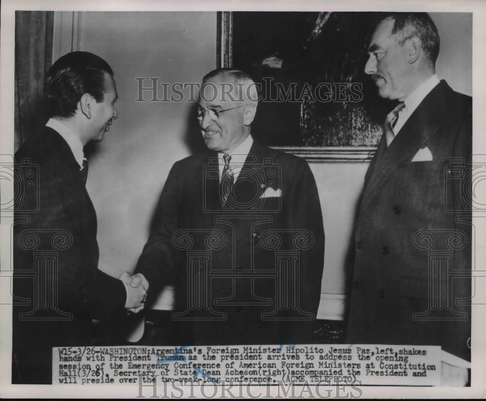 1951 Press Photo President Truman, Argentine Hipolito Jesus Paz - nee84148 - Historic Images