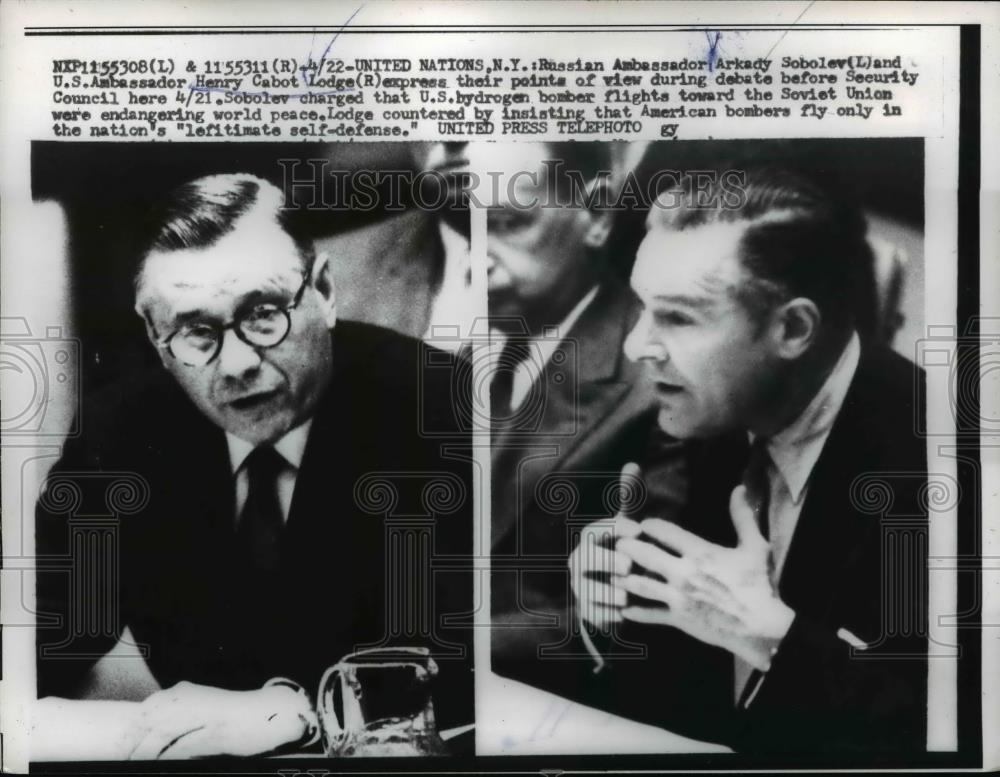 1958 Press Photo Henry Cabot Lodge and Arkady Socole, Russian Amb. to U.N. - Historic Images