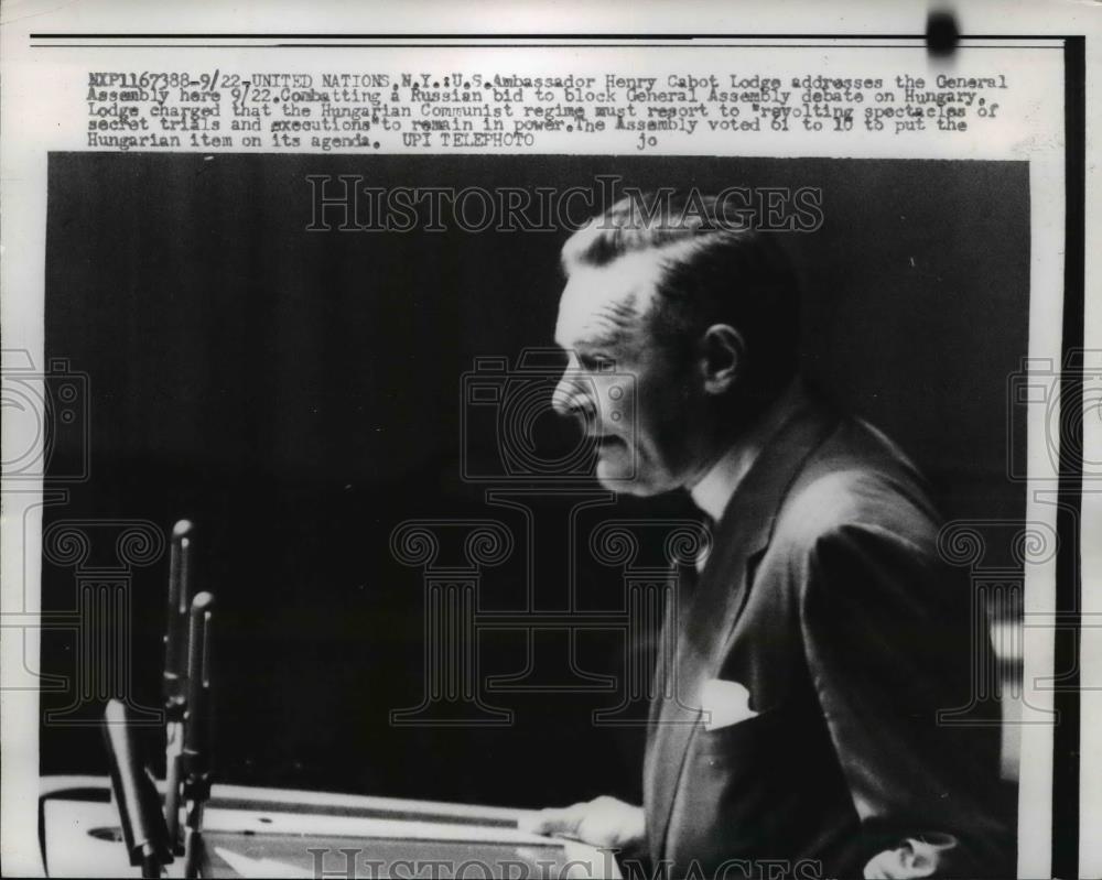 1958 Press Photo US UN Ambassador Henry Cabot Lodge address to General Assembly - Historic Images