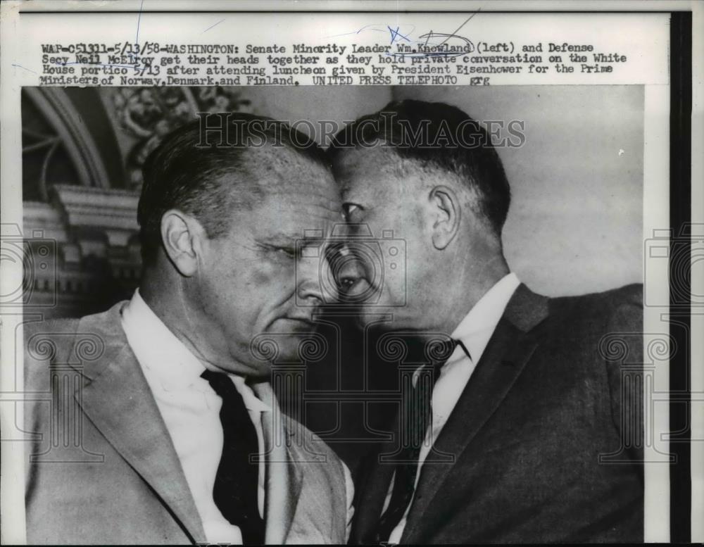 1958 Press Photo William Knowland, Senate Minority Leader and Neil McElroy. - Historic Images