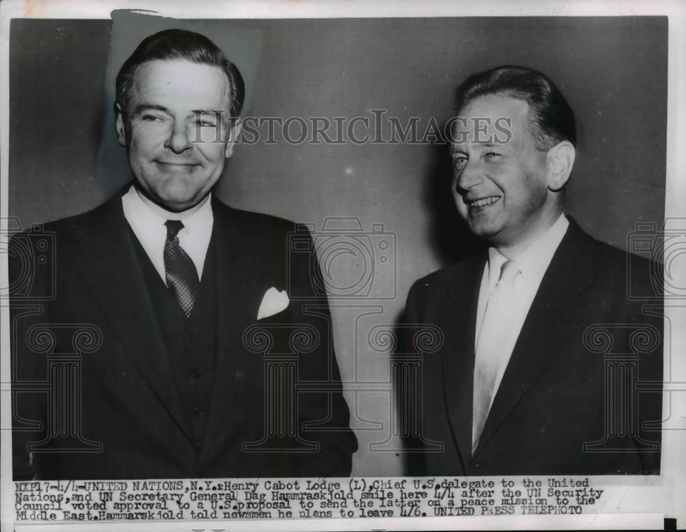 1956 Press Photo Henry C Lodge delegate to UN &amp; Secretary General Hammraskjold - Historic Images