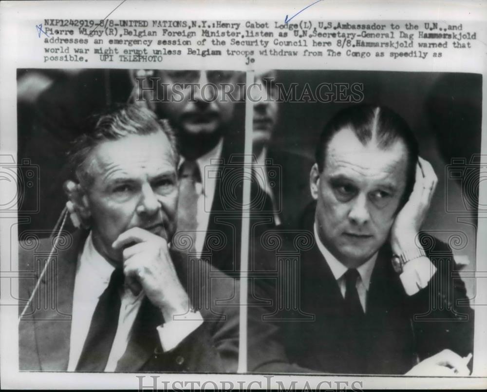 1960 Press Photo Henry Cabot Lodge, U.S. Amb to U.N and Pierre Wigny. - Historic Images