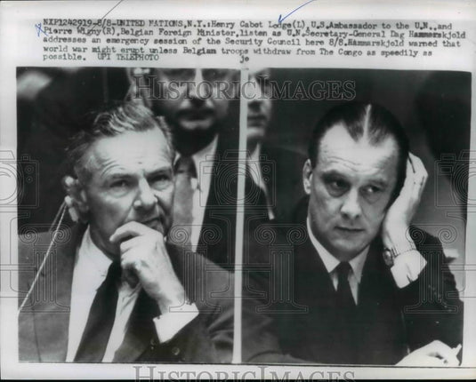 1960 Press Photo Henry Cabot Lodge, U.S. Amb to U.N and Pierre Wigny. - Historic Images
