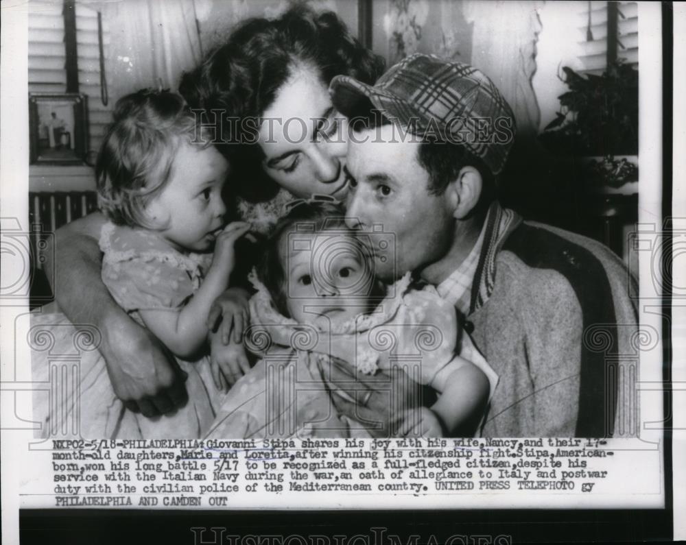 1956 Press Photo Giovanni Stippa, wife &amp; kids Marie &amp; Loretta new US citzenship - Historic Images