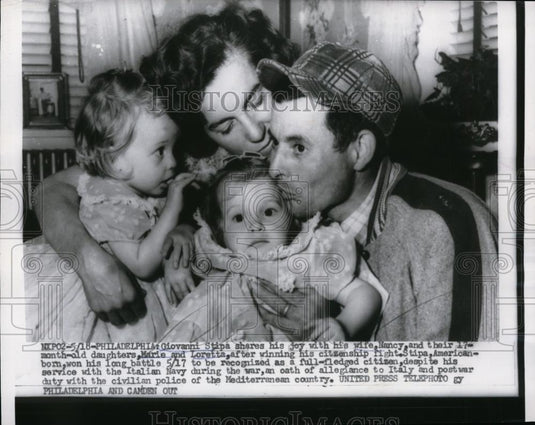 1956 Press Photo Giovanni Stippa, wife & kids Marie & Loretta new US citzenship - Historic Images
