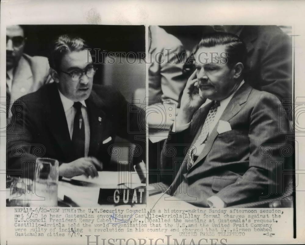 1954 Press Photo Eduard Castillo-Arriola & Henry Cabot Lodge at U.N.Security - Historic Images