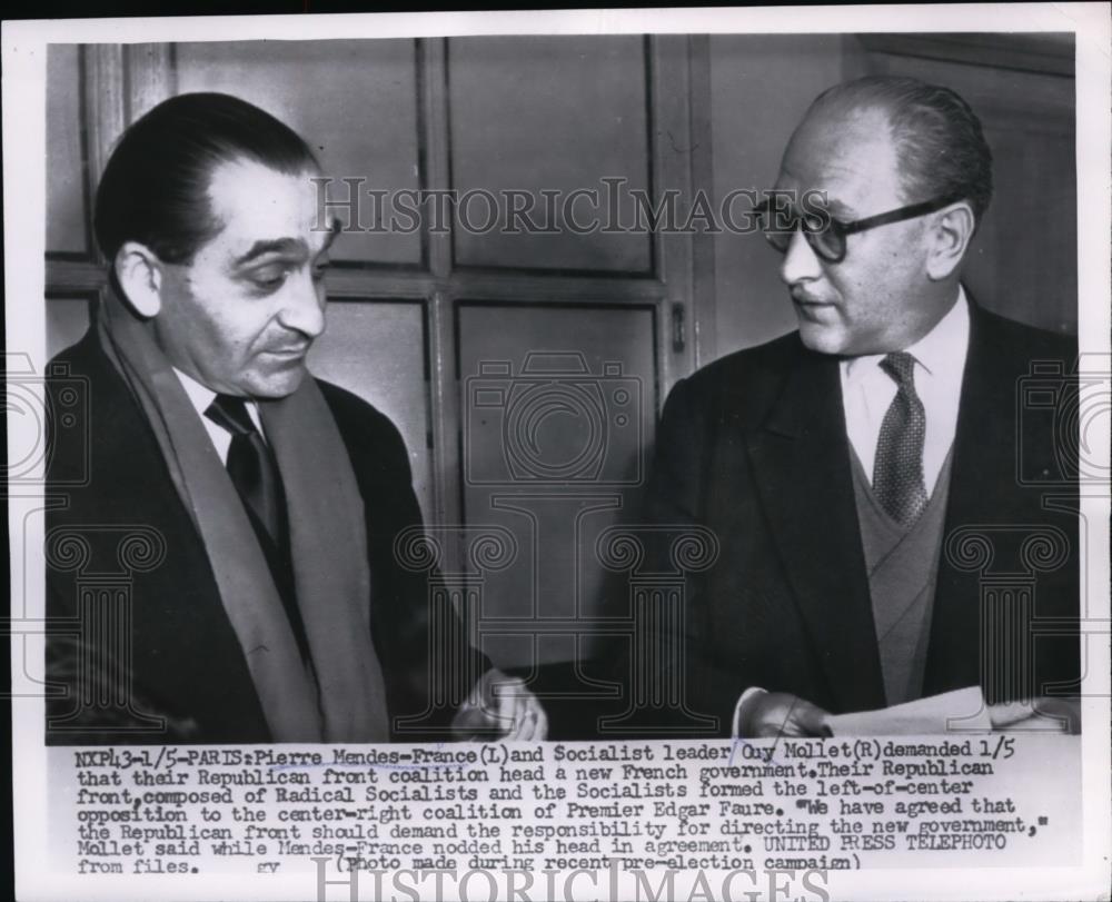 1956 Press Photo Pierre Mendes France and Socialist Leader Guy Mollet - Historic Images