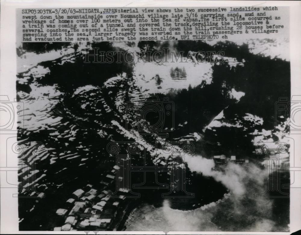 1963 Press Photo Landslide swept down mountains over Noumachi Village, Japan - Historic Images