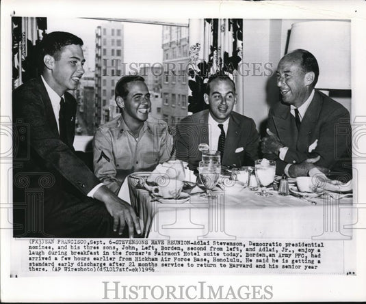 1956 Wire Photo Adlai Stevenson & sons John, Borden & Adlai Jr on reunion - Historic Images