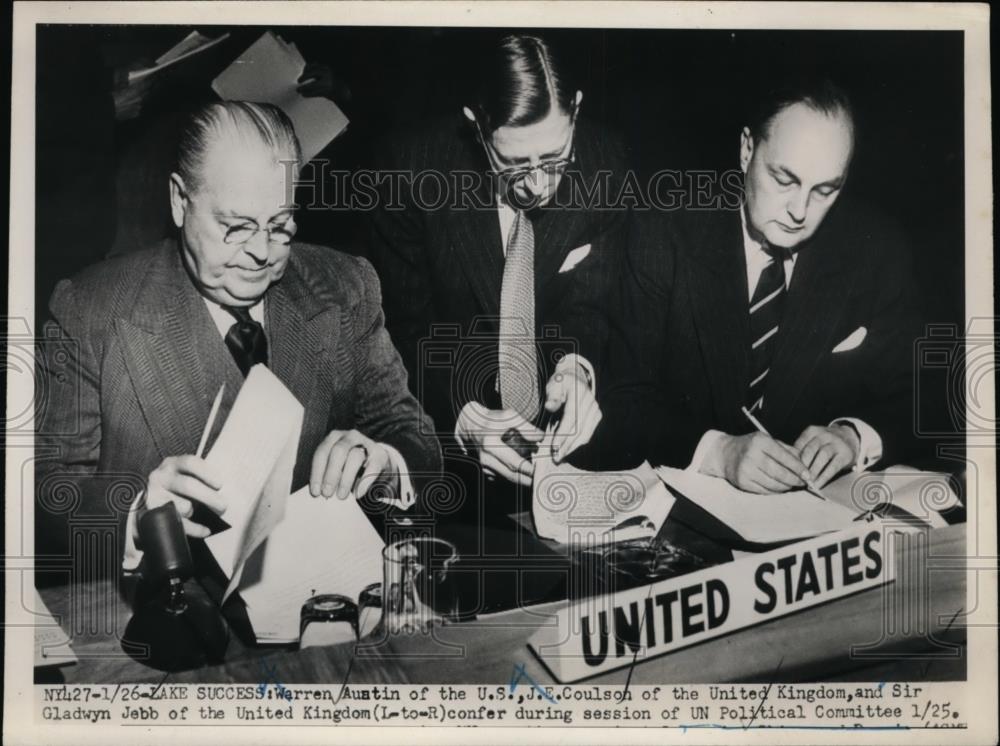 1951 Press Photo Warren Austin of US, JE Coulson of UK &amp; Sir Gladwyn Jebb at UN - Historic Images