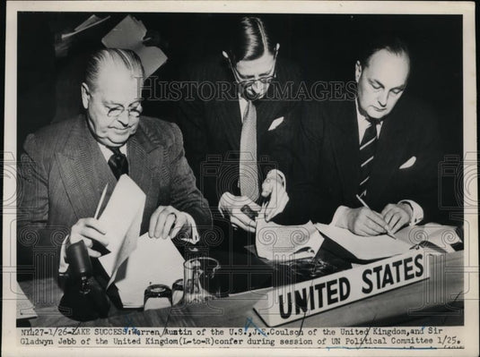 1951 Press Photo Warren Austin of US, JE Coulson of UK & Sir Gladwyn Jebb at UN - Historic Images