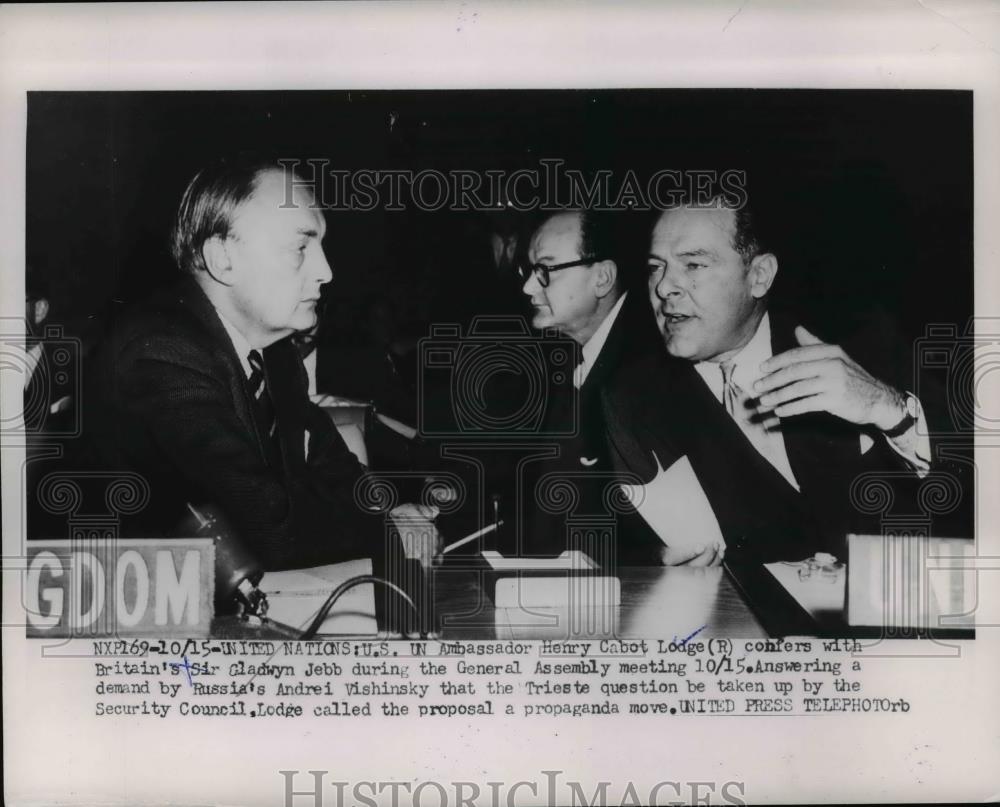 1953 Press Photo US UN Ambassador Henry Cabot Lodge,Sir Gladwyn Jebb of UK - Historic Images