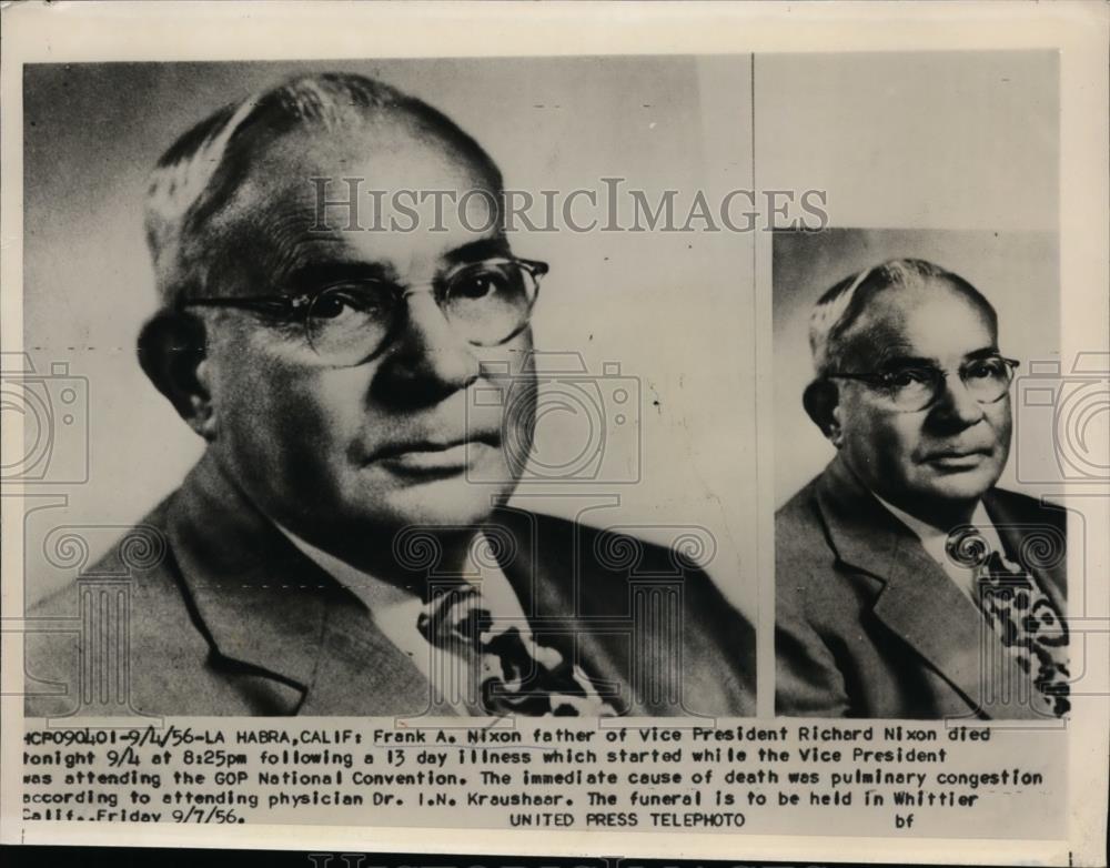 1956 Press Photo Frank A Nixon father of Vice President Richard Noxon - Historic Images