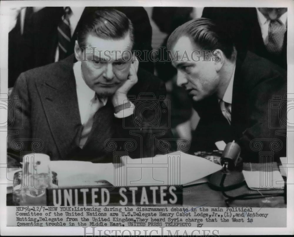 1955 Press Photo Henry Cabot Lodge and Anthony Nutting at U.N. General Assembly. - Historic Images