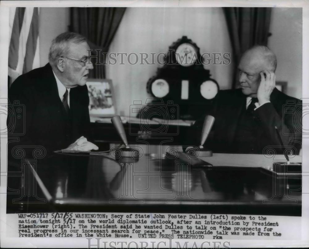 1955 Press Photo Secretary of State John F Dulles & President Eisenhower - Historic Images