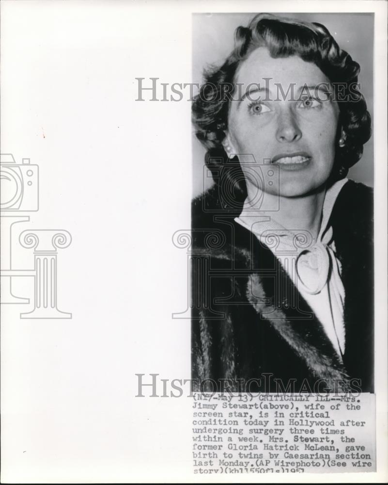 1951 Wire Photo Mrs Jimmy Stewart in critical condition after undergone surgery - Historic Images