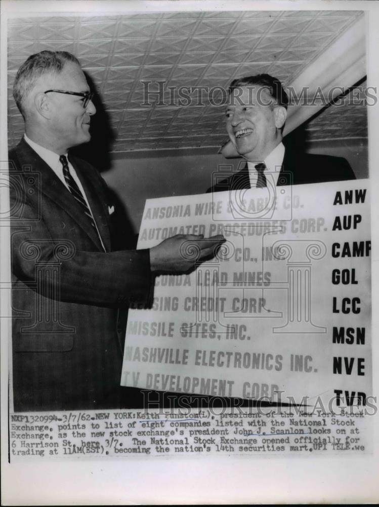 1962 Press Photo Keith Funston president of NYSE &amp; new president JJ Scanlon - Historic Images