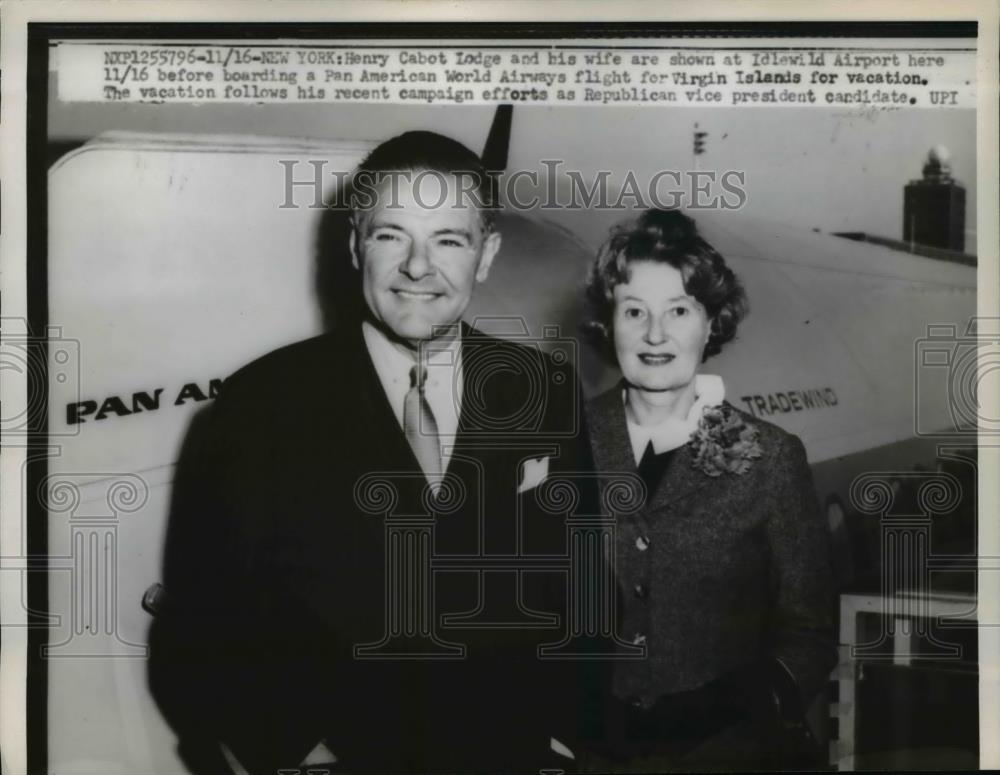 1960 Press Photo US Ambassador Henry Cabot Lodge &amp; wife at NY Idylwidd airport - Historic Images