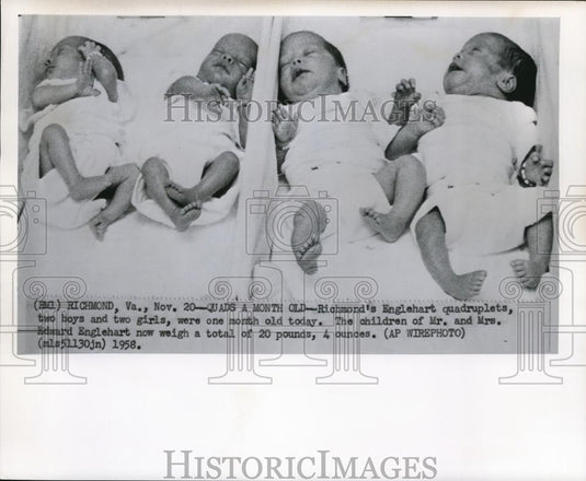 1958 Wire Photo Englehart's quadruplets for their one month old weighing 20 lbs - Historic Images
