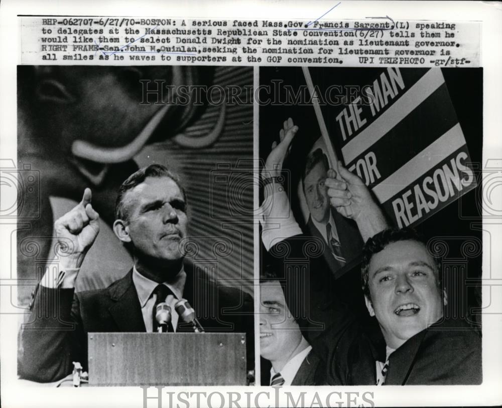1970 Press Photo Gov Francis Sargent of Massachusetts and Sen John M Quinlan - Historic Images