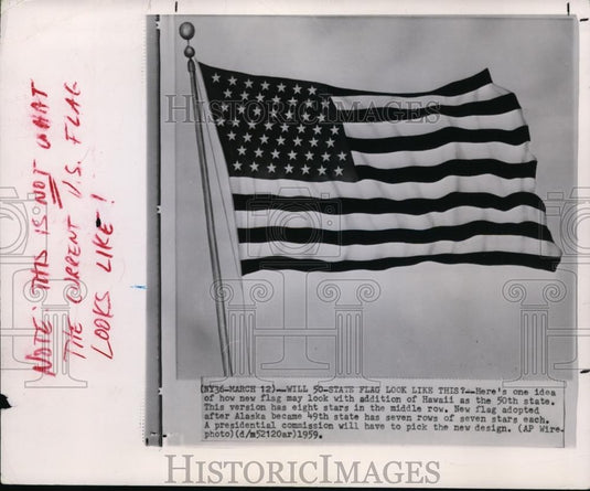 1959 Wire Photo The New Flag with Addition of Hawaii as the 50th State - Historic Images