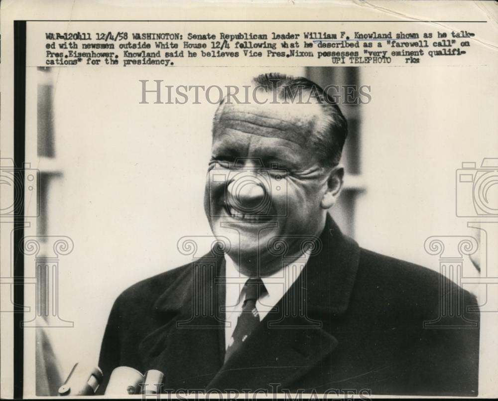 1958 Press Photo Senate GOP leader William Knowland in Washington DC ...