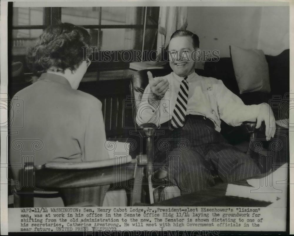 1952 Press Photo Senator Henry Cabot Lodge & his secretary Catherine Armstrong - Historic Images