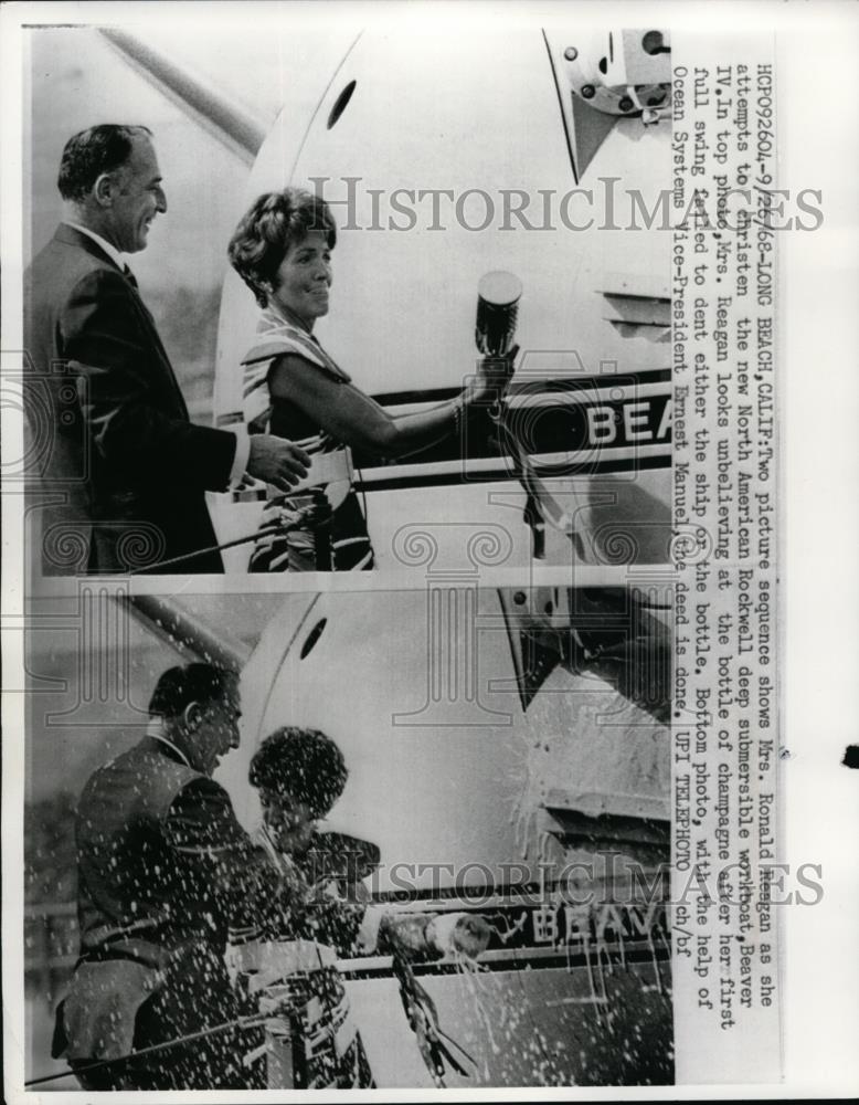 1968 Press Photo Mrs Ronald Reagan christens N American rockwell boat - Historic Images