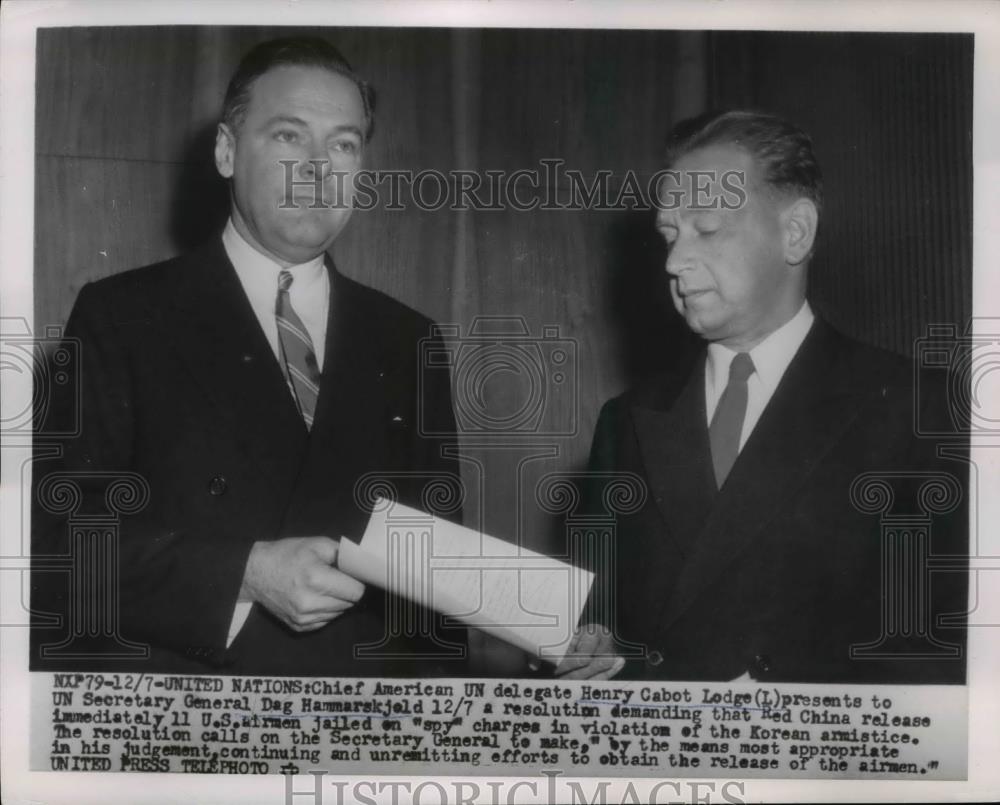 1954 Press Photo Henry Cabot Lodge, Chief American UN. with Gen.Dag Hammerskjold - Historic Images
