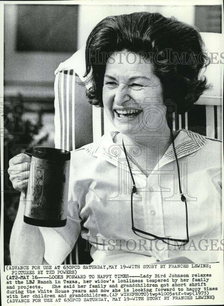 1973 Wire Photo Ladybird Johnson at LBJ Ranch in Texas looks happy - cvw07060 - Historic Images