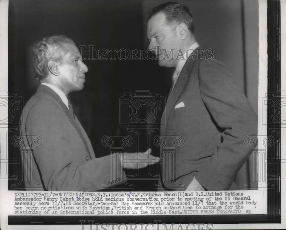 1956 Press Photo V.K.Krishna Menon of India and Henry Cabot Lodge, U.S.Amb to UN - Historic Images