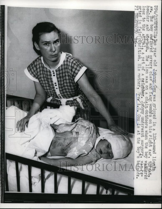 1959 Press Photo Mrs AC Cox & son Johnny Cox who was clawed by lion - nee88399 - Historic Images