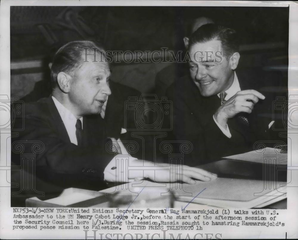 1956 Press Photo UN Amb Henry Cabot Lodge & Secretary General Dag Hammarskjold - Historic Images