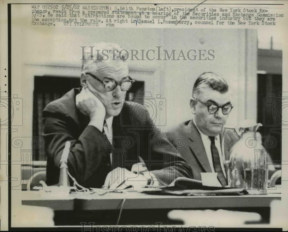 1962 Press Photo G.Keith Funston at hearing of securities & exchange commission - Historic Images