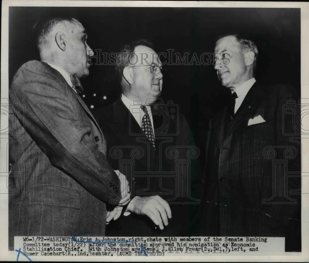 1951 Press Photo Eric A.Johnston chats with members of Senate Banking Committee - Historic Images