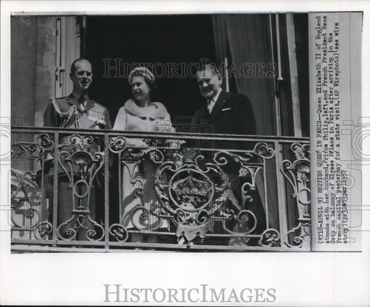1957 Wire Photo Queen Elizabeth II & her husband Philip & Pres. Coty of France - Historic Images