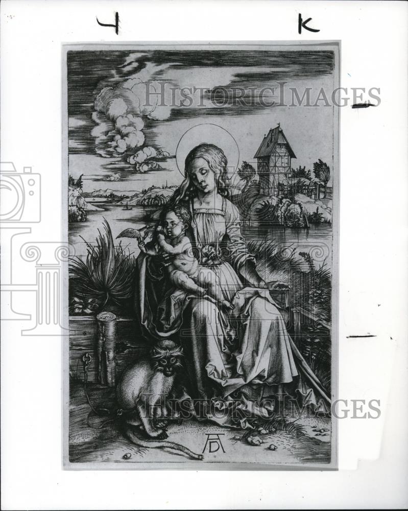 1987 Press Photo The Virgin and Child with a Monkey Engraving by Albrecht Durer - Historic Images